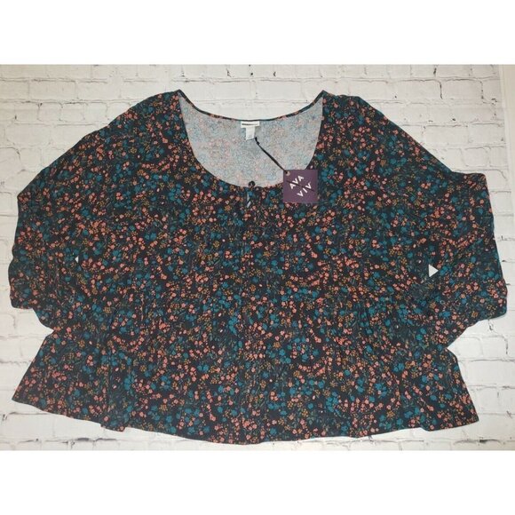 𝅺NWT AVA & VIV  Black Floral Long Sleeve Phasant Blouse Top 4XL - Picture 1 of 3